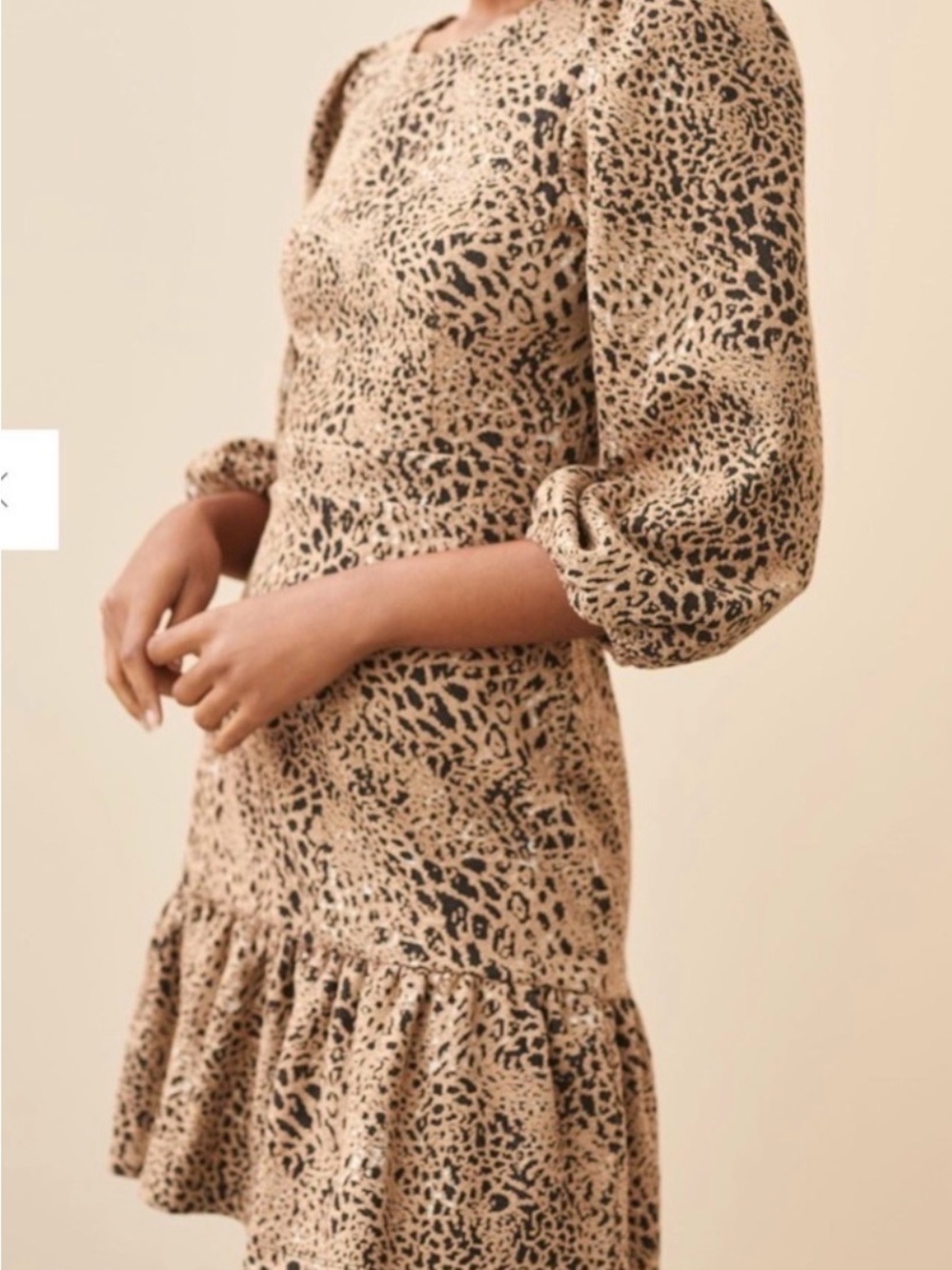 New Maeve Beige and Black Leopard-Print Puff-Sleeve Mini Dress